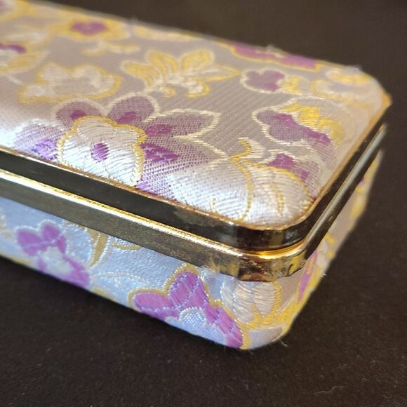 VTG Asian Silk Wrapped Floral Gold Purple Travel Jewelry Box with Mirror - Picture 14 of 15